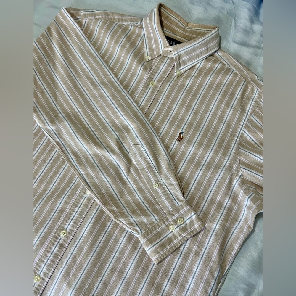 Ralph Lauren Classic Fit Button Down Shirt Men's Size 16 34/35 Neutral Stripes